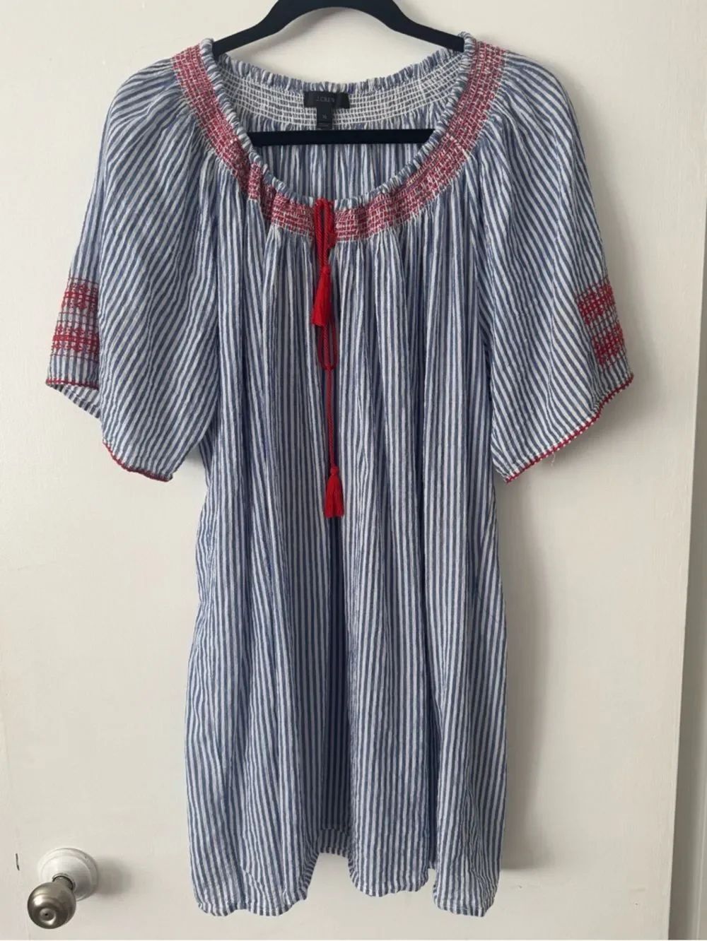 J. Crew Blue and White Striped Smocked Top
